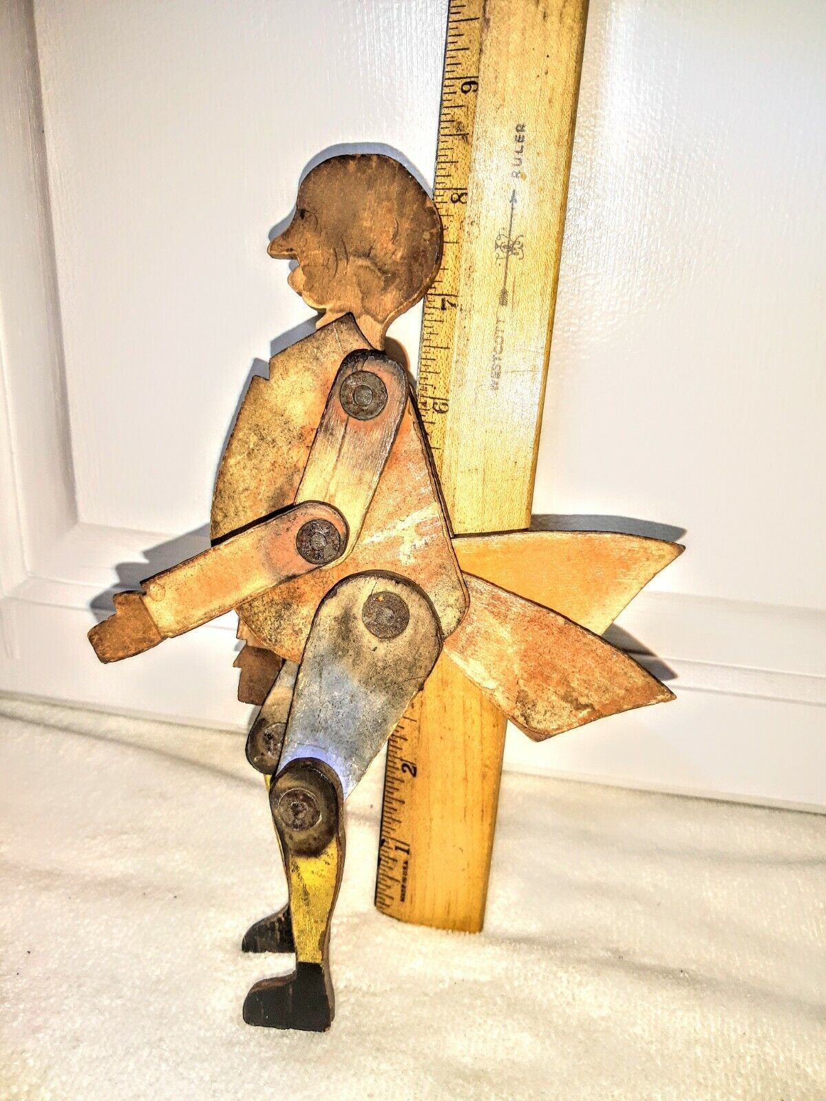 ANTIQUE WOODEN HANDMADE TOY HAND DRAWN, JOINTED 1700'S,   PRIMITIVE MAN & HORSE