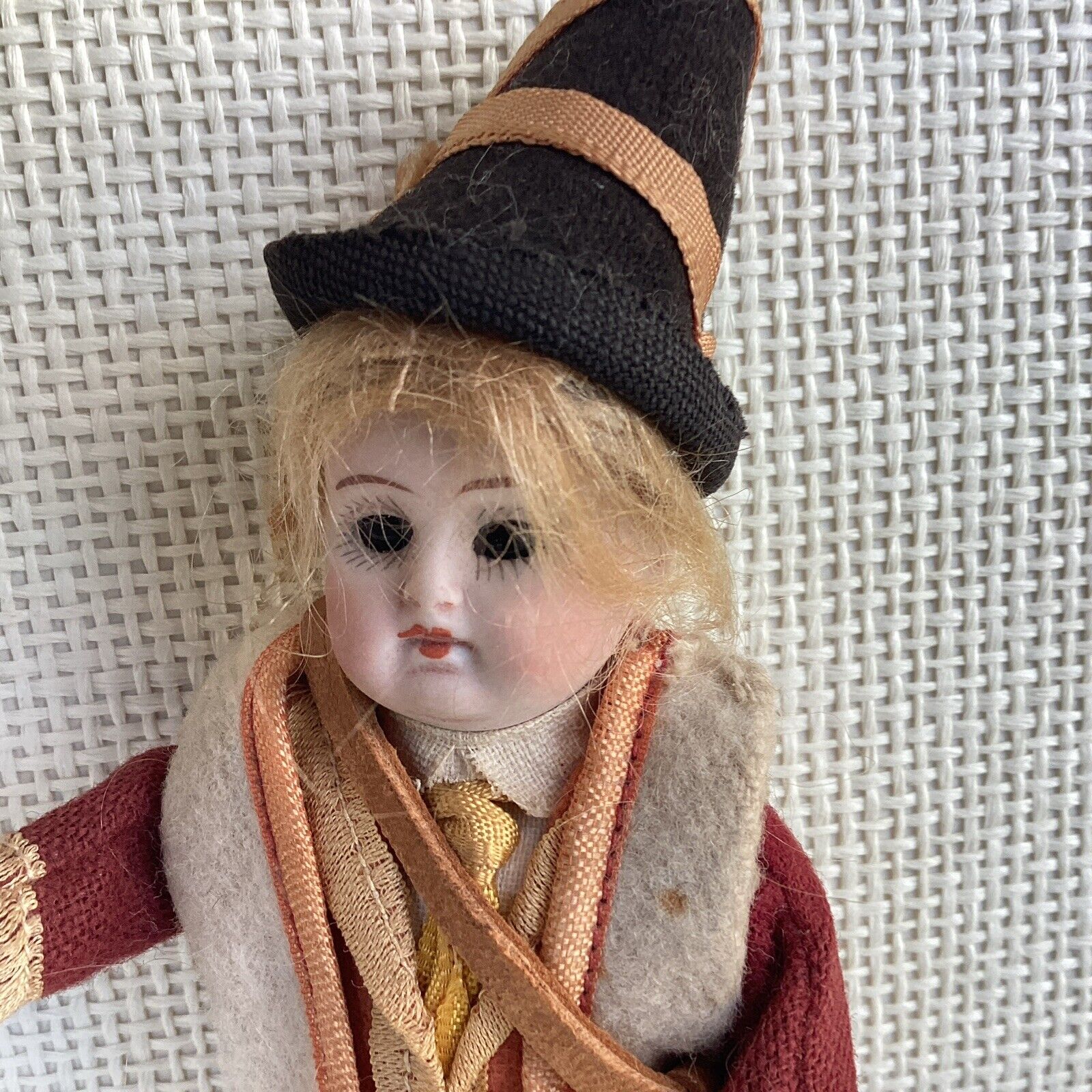GERMAN ANTIQUE ALL BISQUE  BOY DOLL 5” TALL   GLASS EYES ALL ORIGINAL CLOTHING