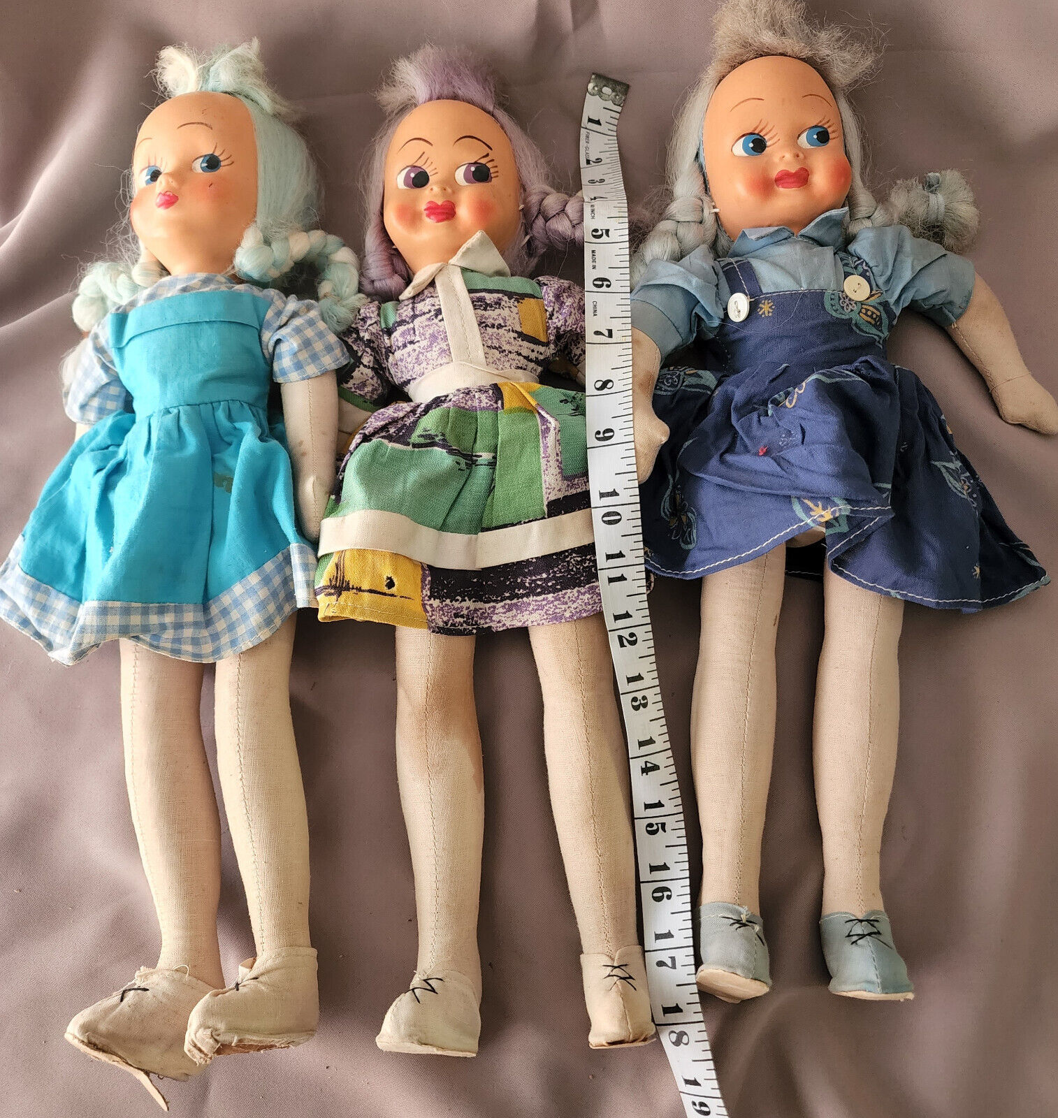 Lot of 3 Vintage early 1900's Handmade Cloth GIRL DOLLS Poland