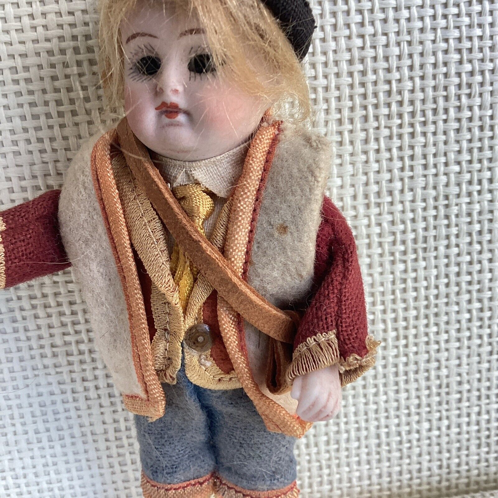 GERMAN ANTIQUE ALL BISQUE  BOY DOLL 5” TALL   GLASS EYES ALL ORIGINAL CLOTHING