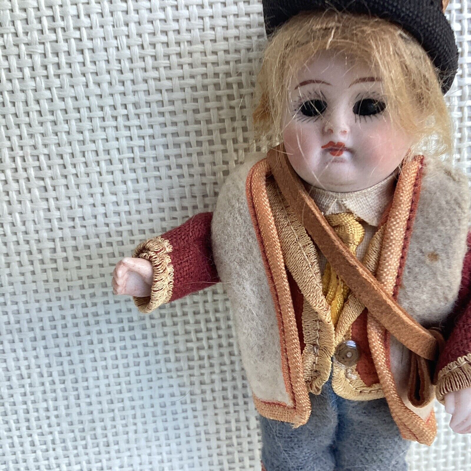 GERMAN ANTIQUE ALL BISQUE  BOY DOLL 5” TALL   GLASS EYES ALL ORIGINAL CLOTHING