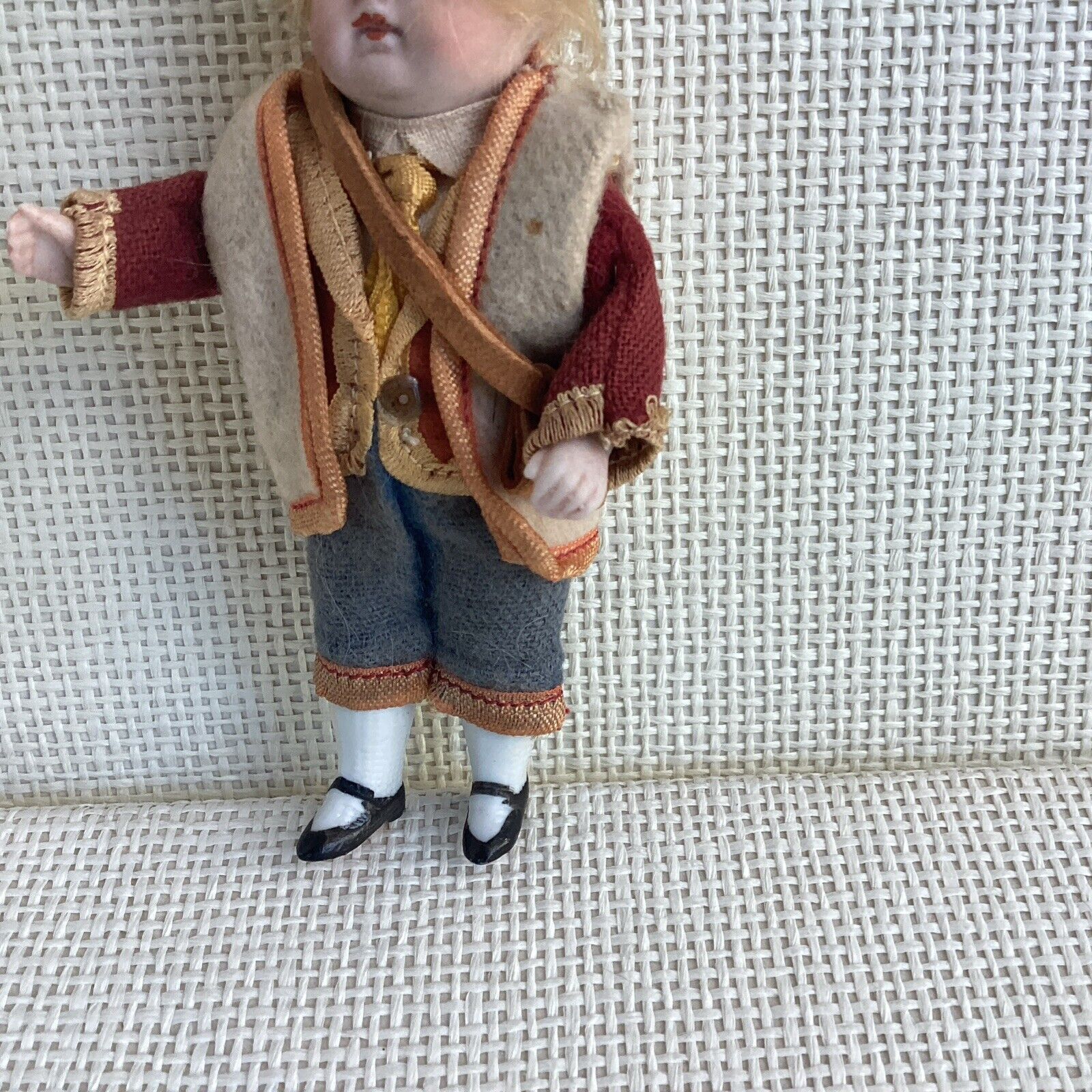 GERMAN ANTIQUE ALL BISQUE  BOY DOLL 5” TALL   GLASS EYES ALL ORIGINAL CLOTHING