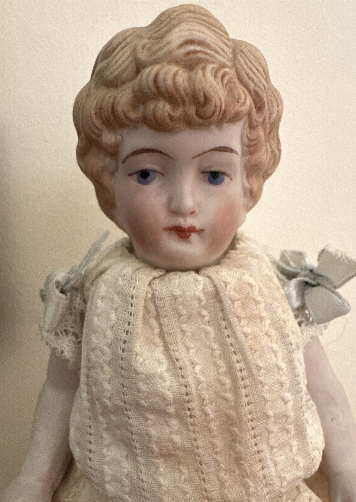 Antique 1890s German All Bisque Doll Jointed Arms & Legs Molded Blonde Hair 6”