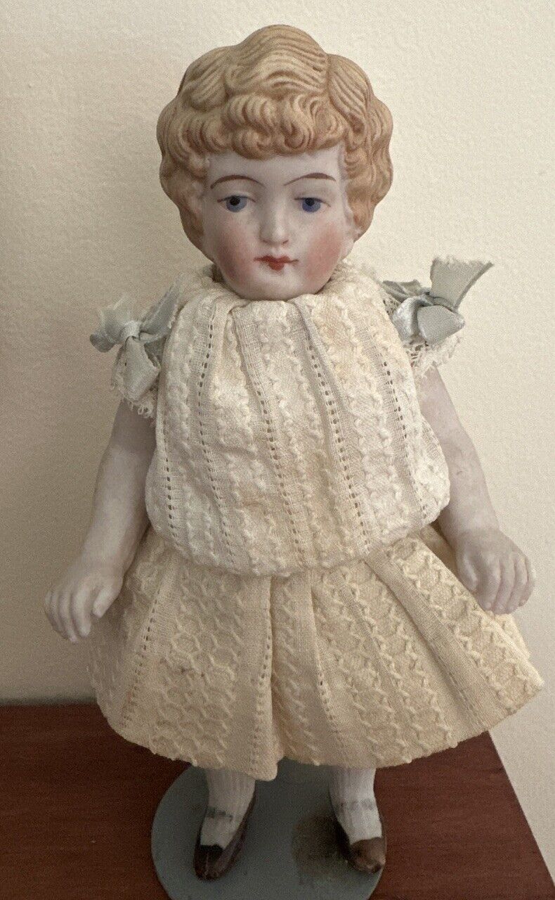 Antique 1890s German All Bisque Doll Jointed Arms & Legs Molded Blonde Hair 6”