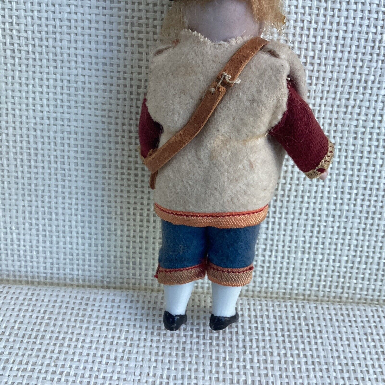 GERMAN ANTIQUE ALL BISQUE  BOY DOLL 5” TALL   GLASS EYES ALL ORIGINAL CLOTHING