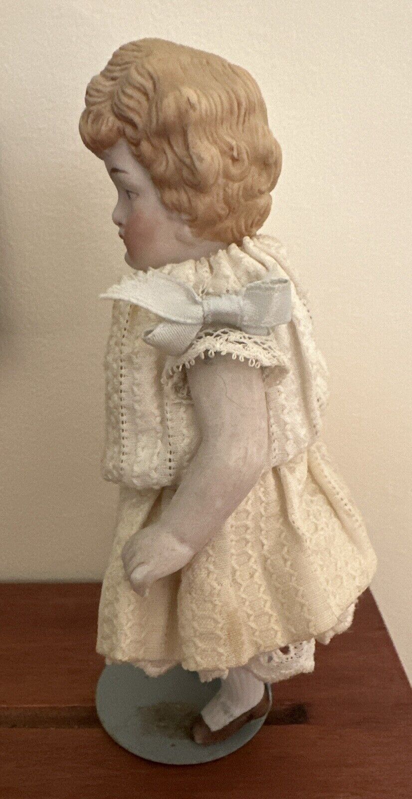 Antique 1890s German All Bisque Doll Jointed Arms & Legs Molded Blonde Hair 6”