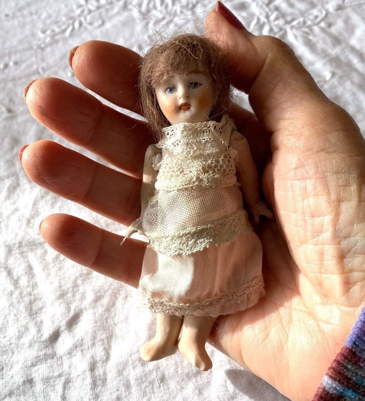 All-Bisque Doll Antique 4" Dollhouse Wig Barefoot S 099 Germany Open Mouth Teeth