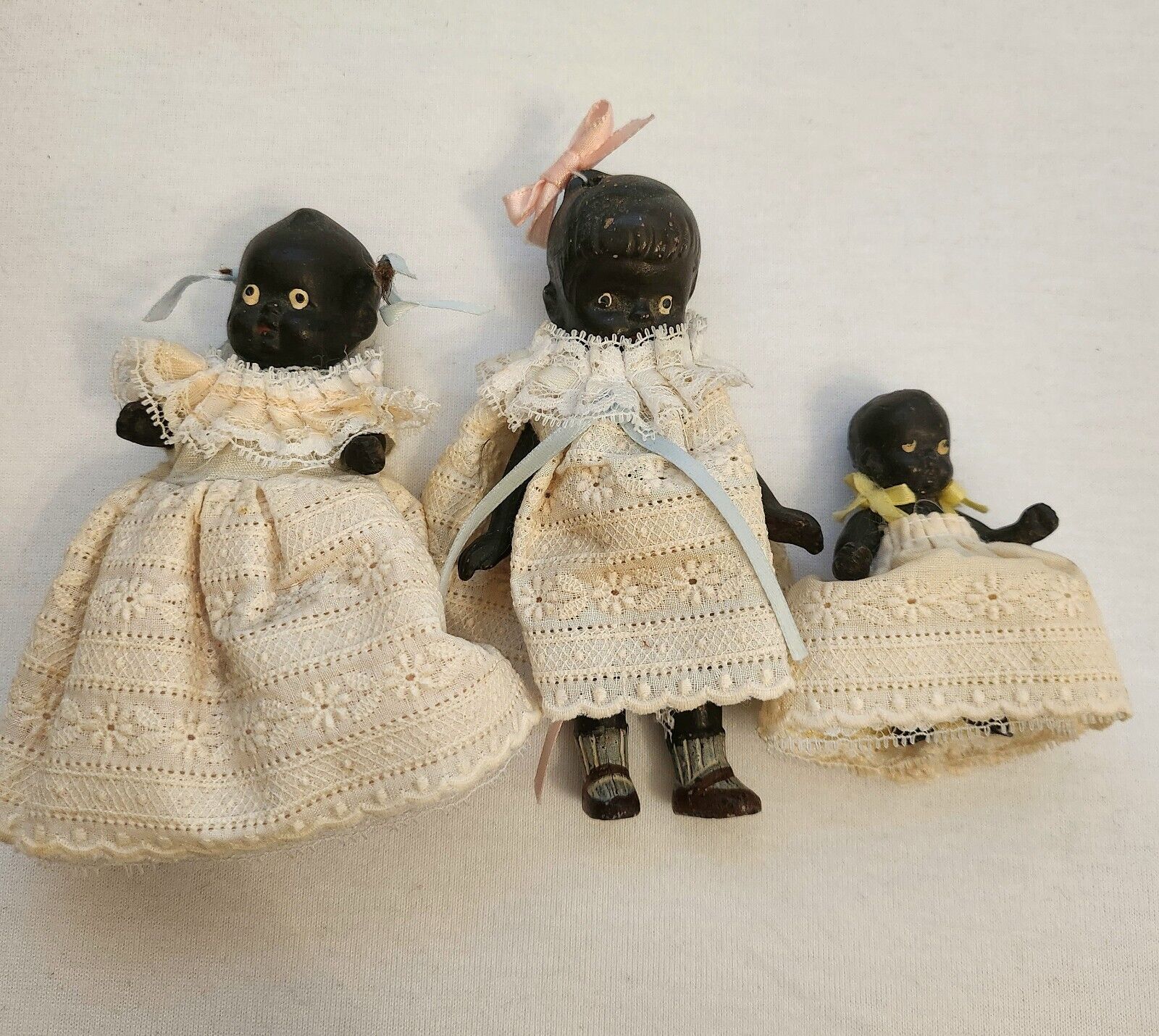 Early 1900s Black Americana Japan Bisque Baby Dolls in Orig. Clothing Set Of 3