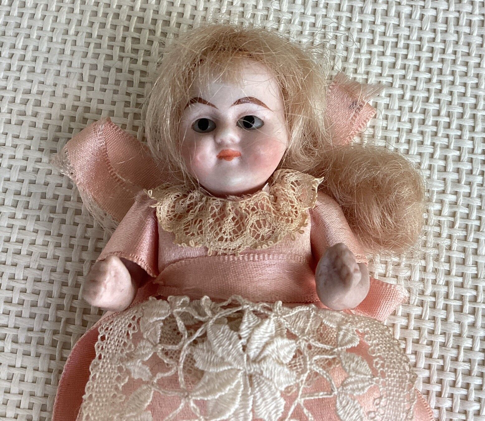 4” All Bisque Doll German Glass Eyes, Mohair Wig, Molded Shoes Socks Needle Keep