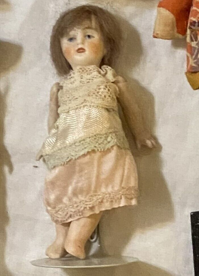 All-Bisque Doll Antique 4" Dollhouse Wig Barefoot S 099 Germany Open Mouth Teeth