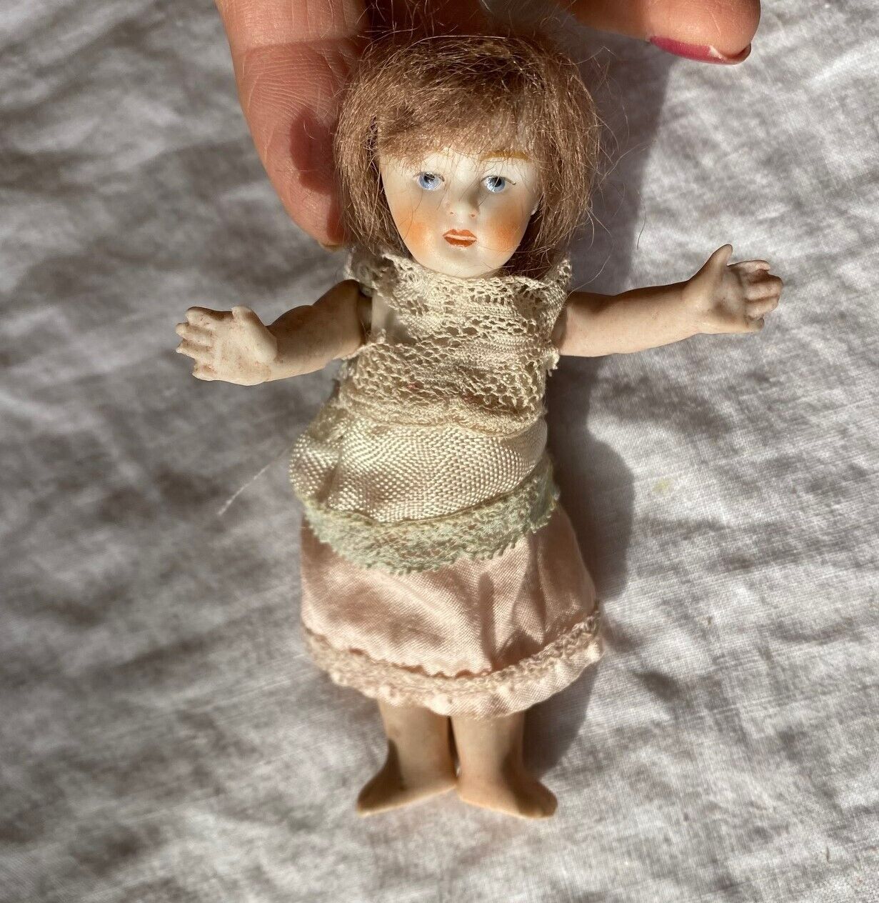 All-Bisque Doll Antique 4" Dollhouse Wig Barefoot S 099 Germany Open Mouth Teeth