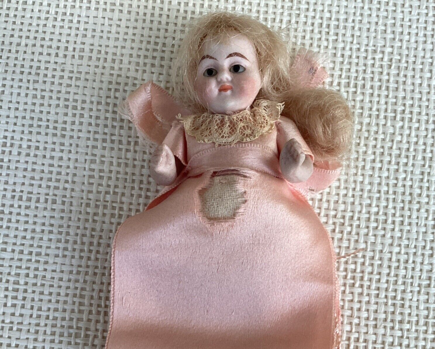 4” All Bisque Doll German Glass Eyes, Mohair Wig, Molded Shoes Socks Needle Keep