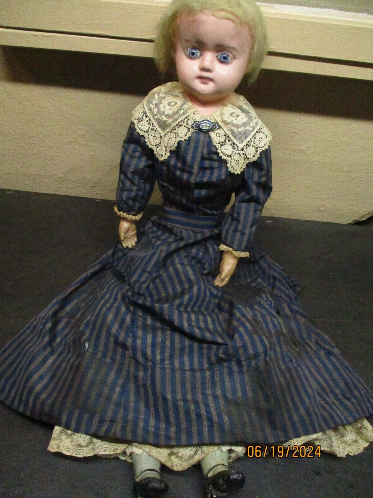 Antique 26" Paper Mache Shoulder Head Doll W/ Blue Glass Eyes Original Clothes