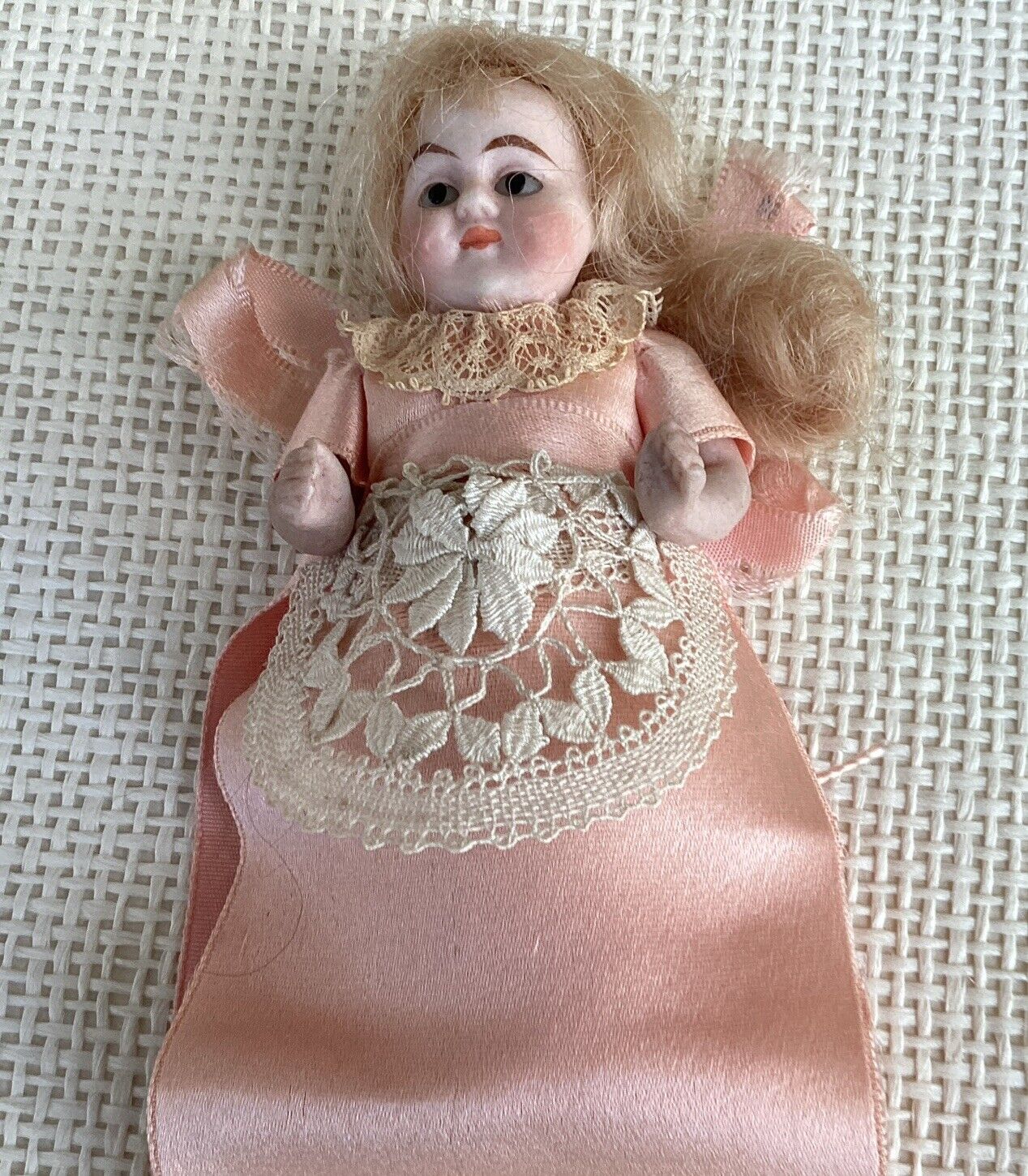 4” All Bisque Doll German Glass Eyes, Mohair Wig, Molded Shoes Socks Needle Keep
