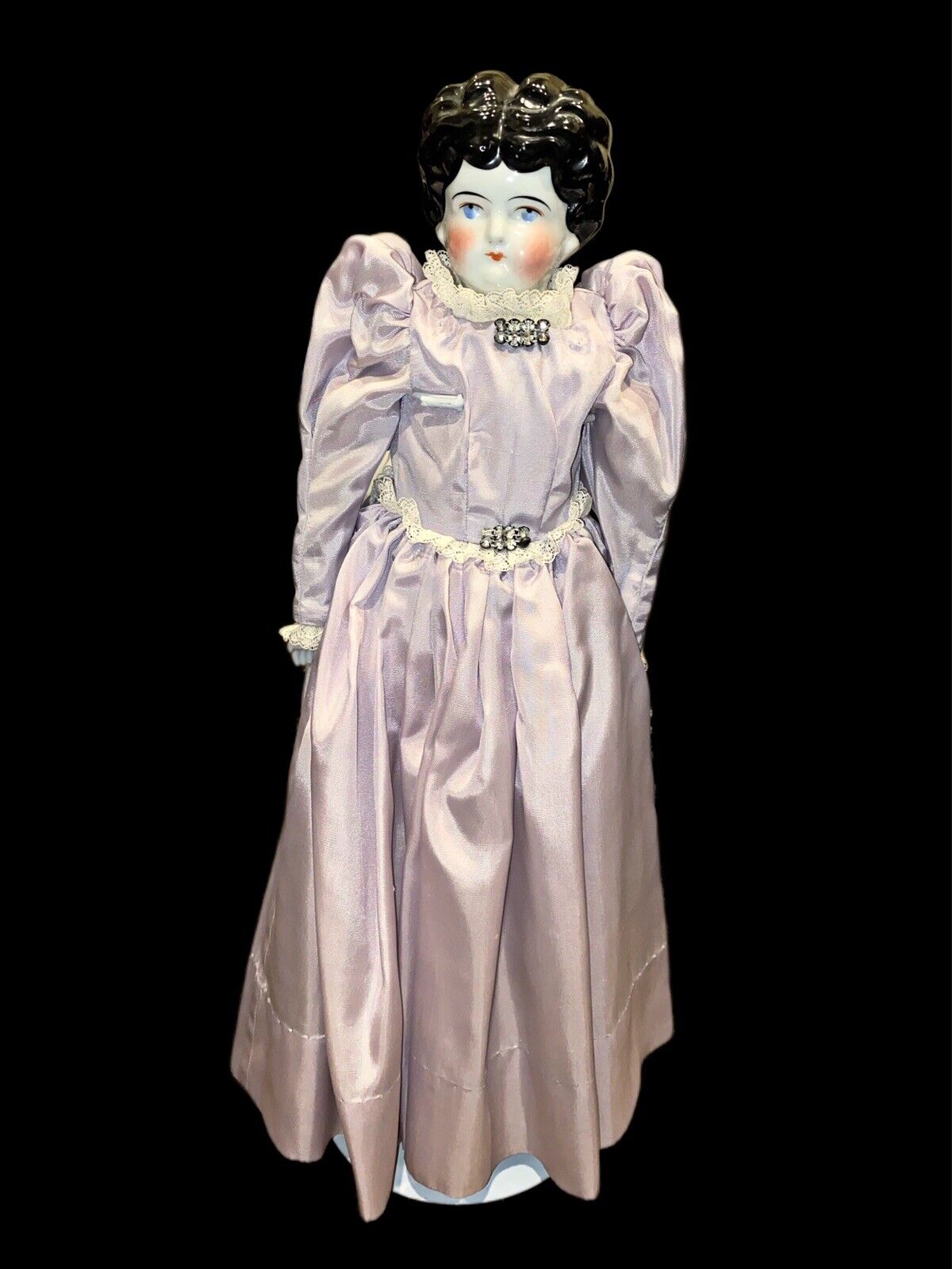 1800’s German 22" Flat Top Civil War Head & Shoulder China Doll Lavender Dress