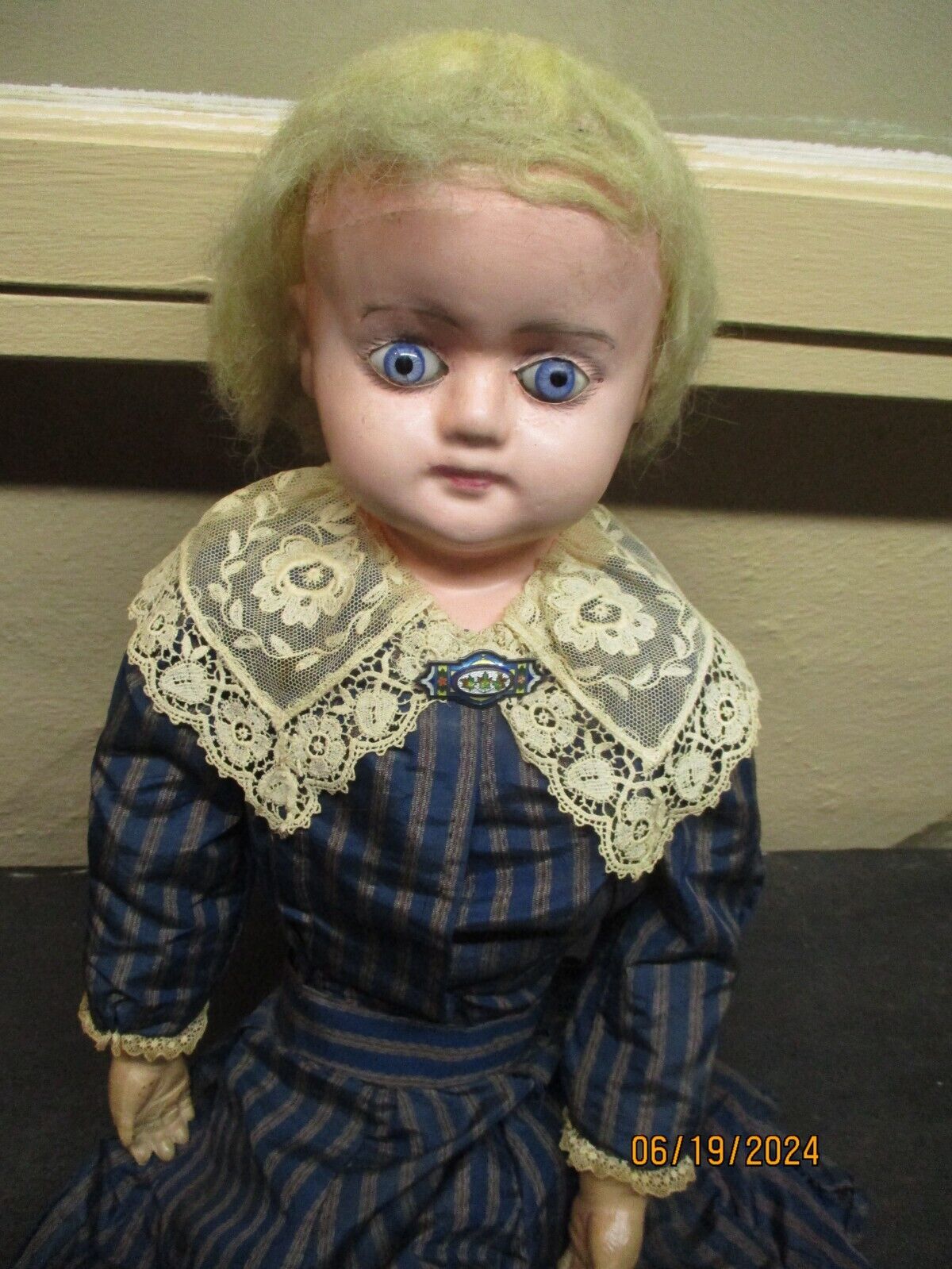 Antique 26" Paper Mache Shoulder Head Doll W/ Blue Glass Eyes Original Clothes