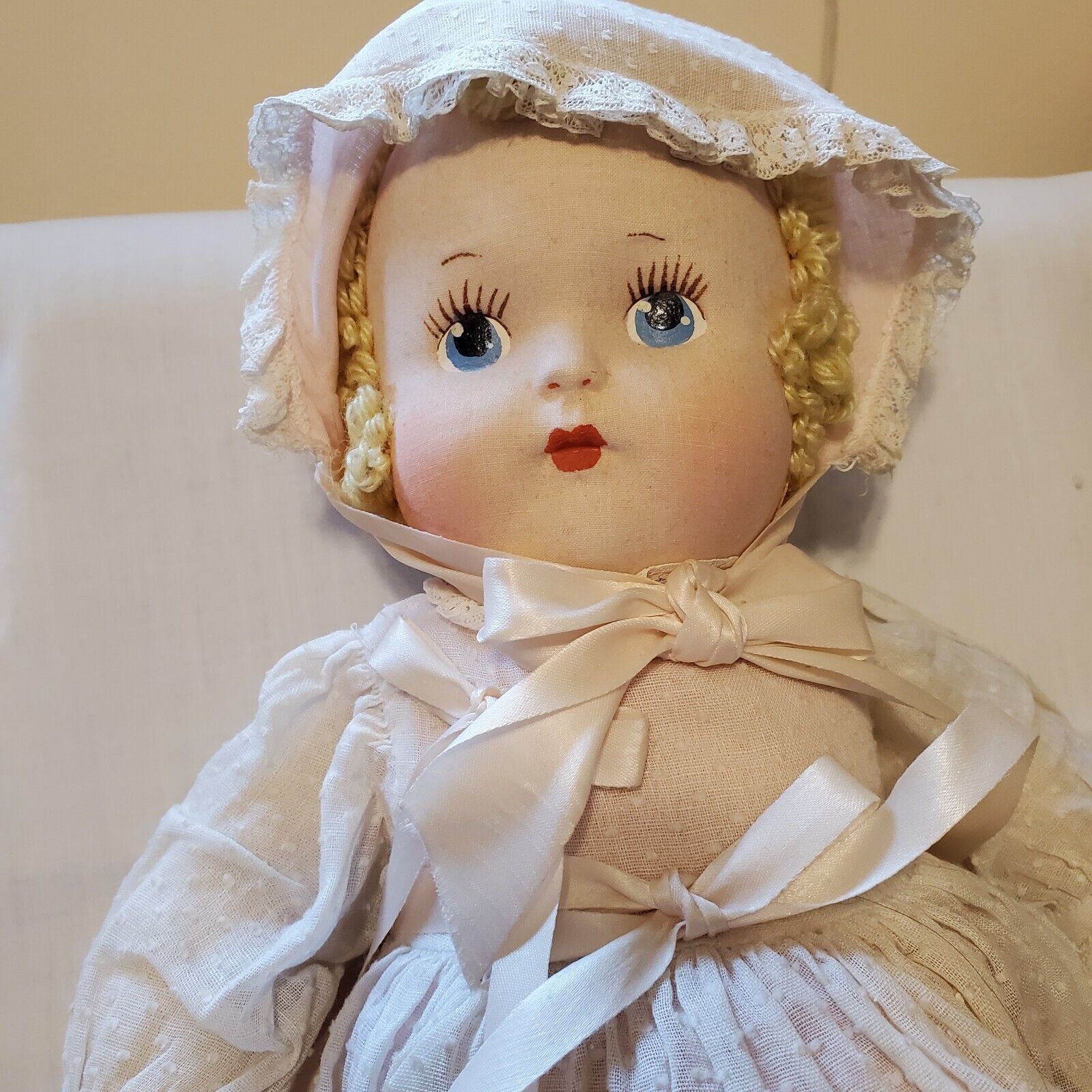 VINTAGE EARLY TO MID 1900'S CLOTH DOLL W/ PAINTED FACE, COMPLETE OUTFIT & SHOES