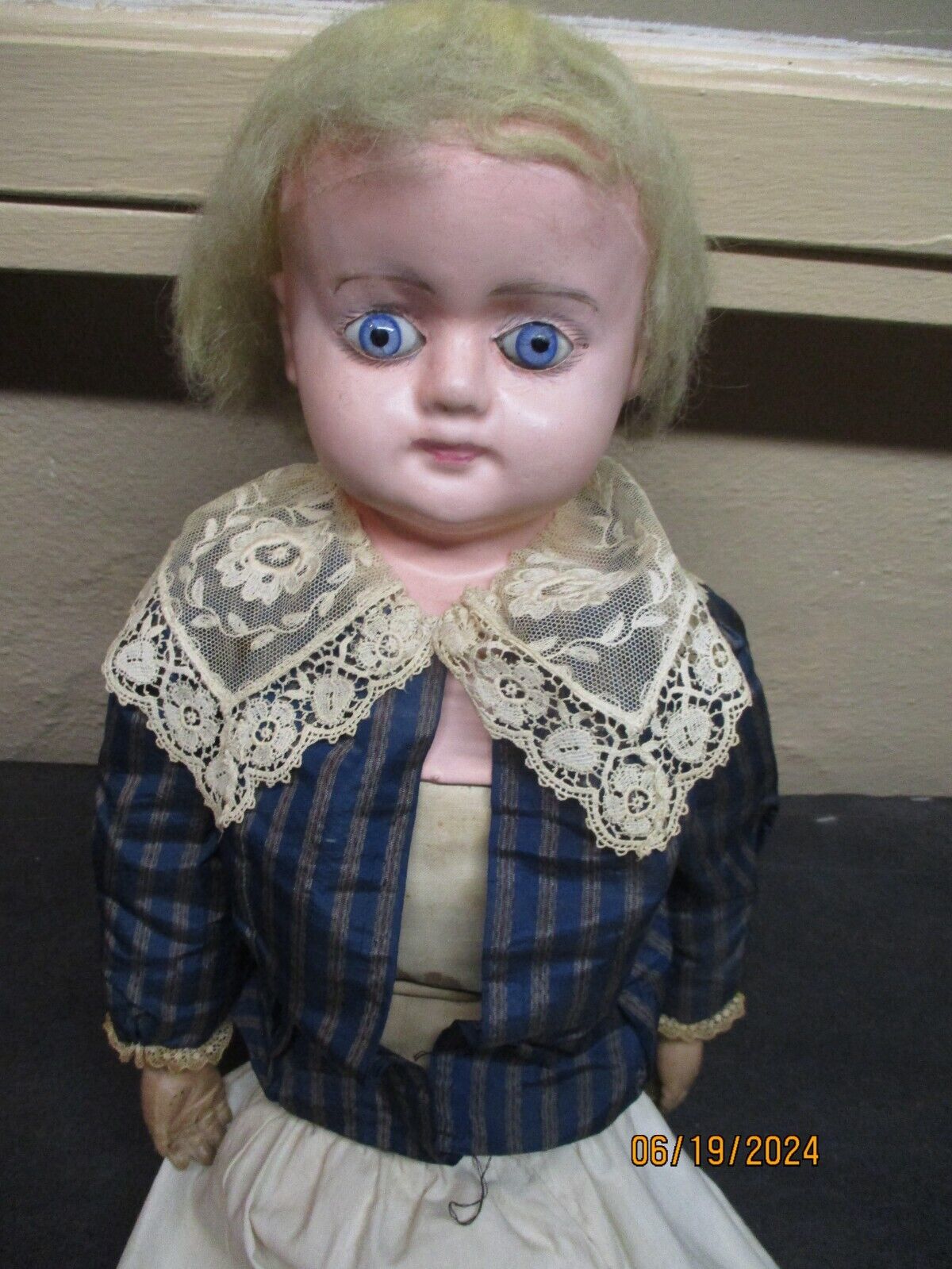 Antique 26" Paper Mache Shoulder Head Doll W/ Blue Glass Eyes Original Clothes