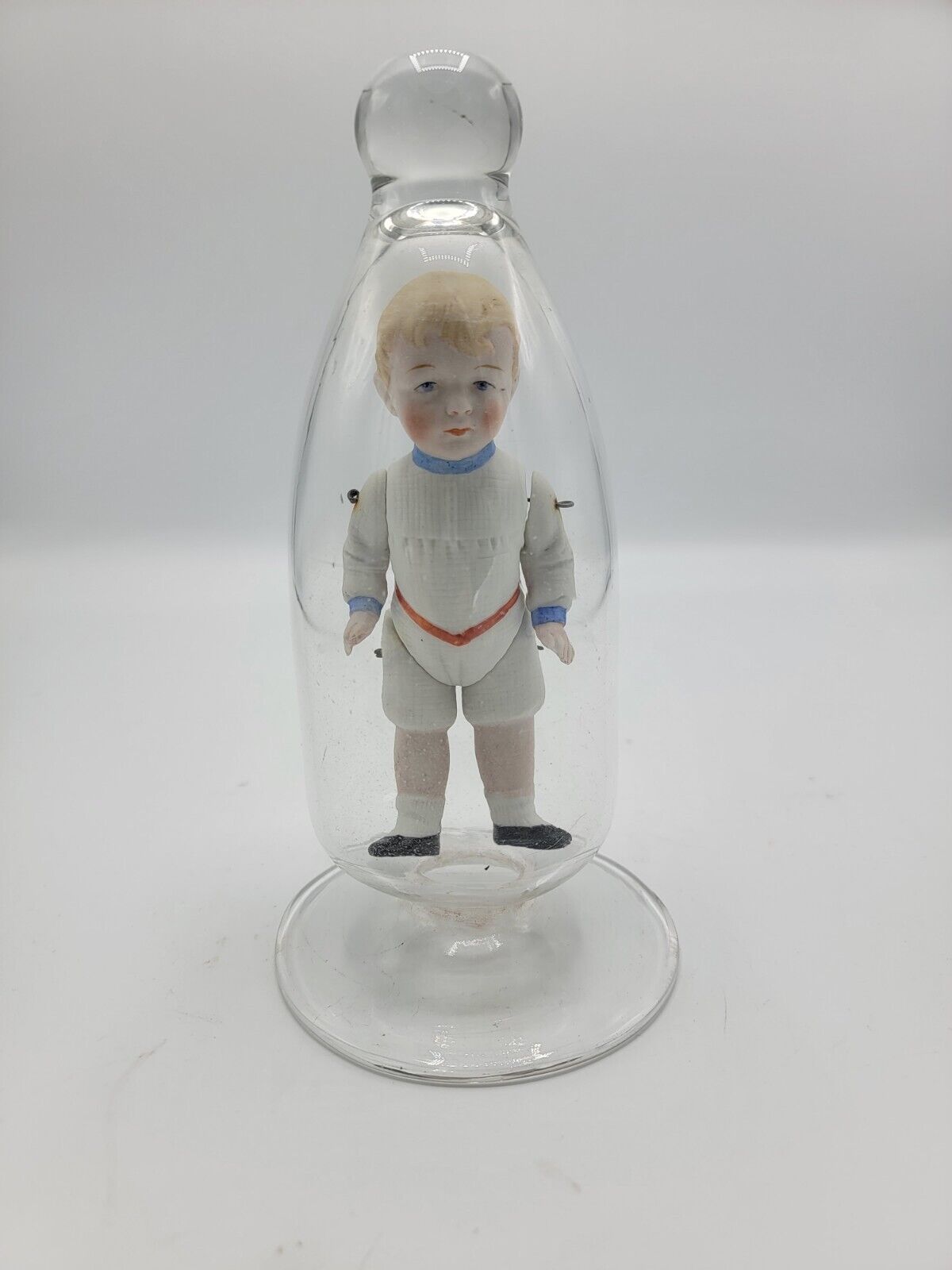 1800s Boy Bisque 5 In Doll In Handblown Glass Bottle Bell