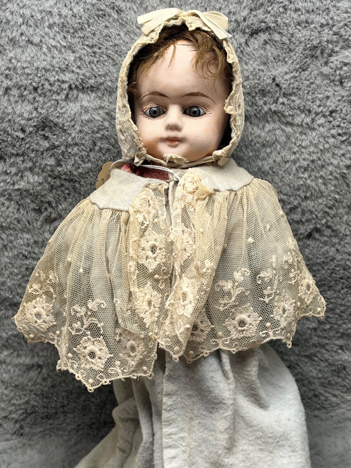 German Papier Mache Antique Doll Glass Eyes Orig Wig Straw Filled Body Pre 1900s