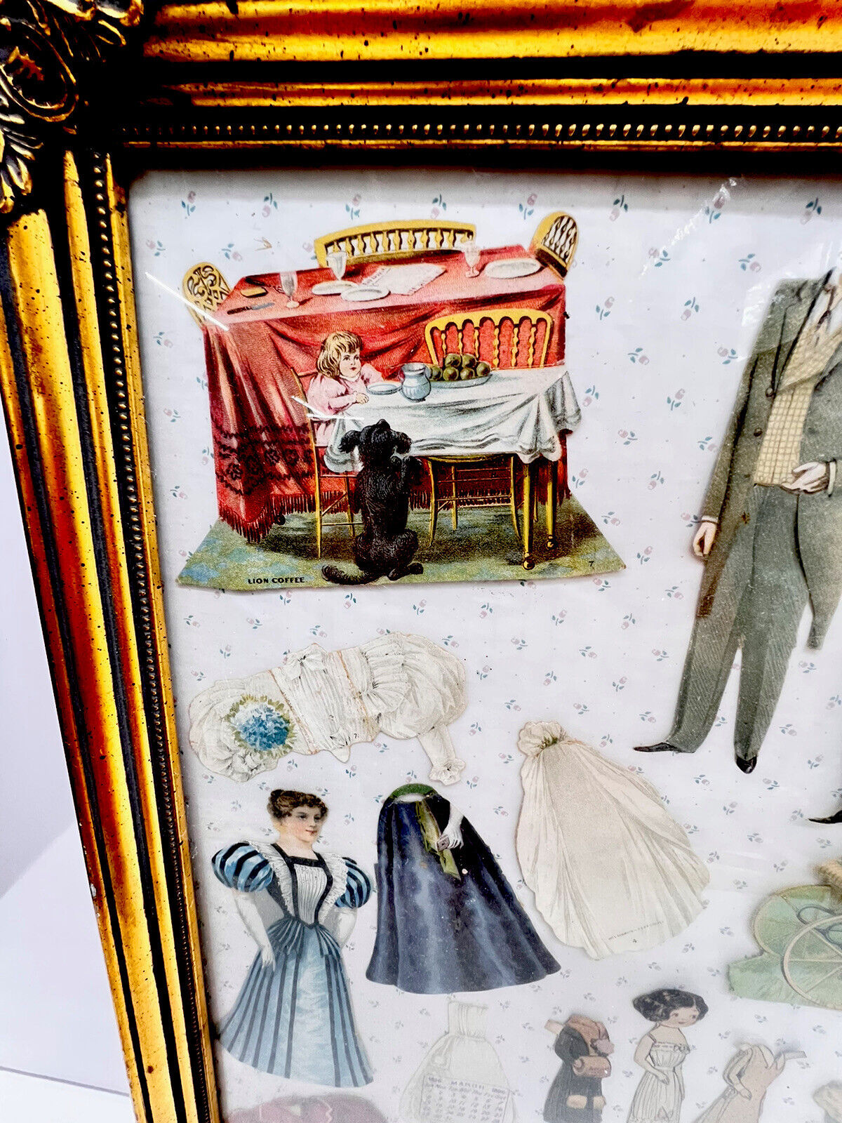 Antique 1800s Advertising Paper Dolls Framed Lot Mclaughlins And Lion Coffee Etc