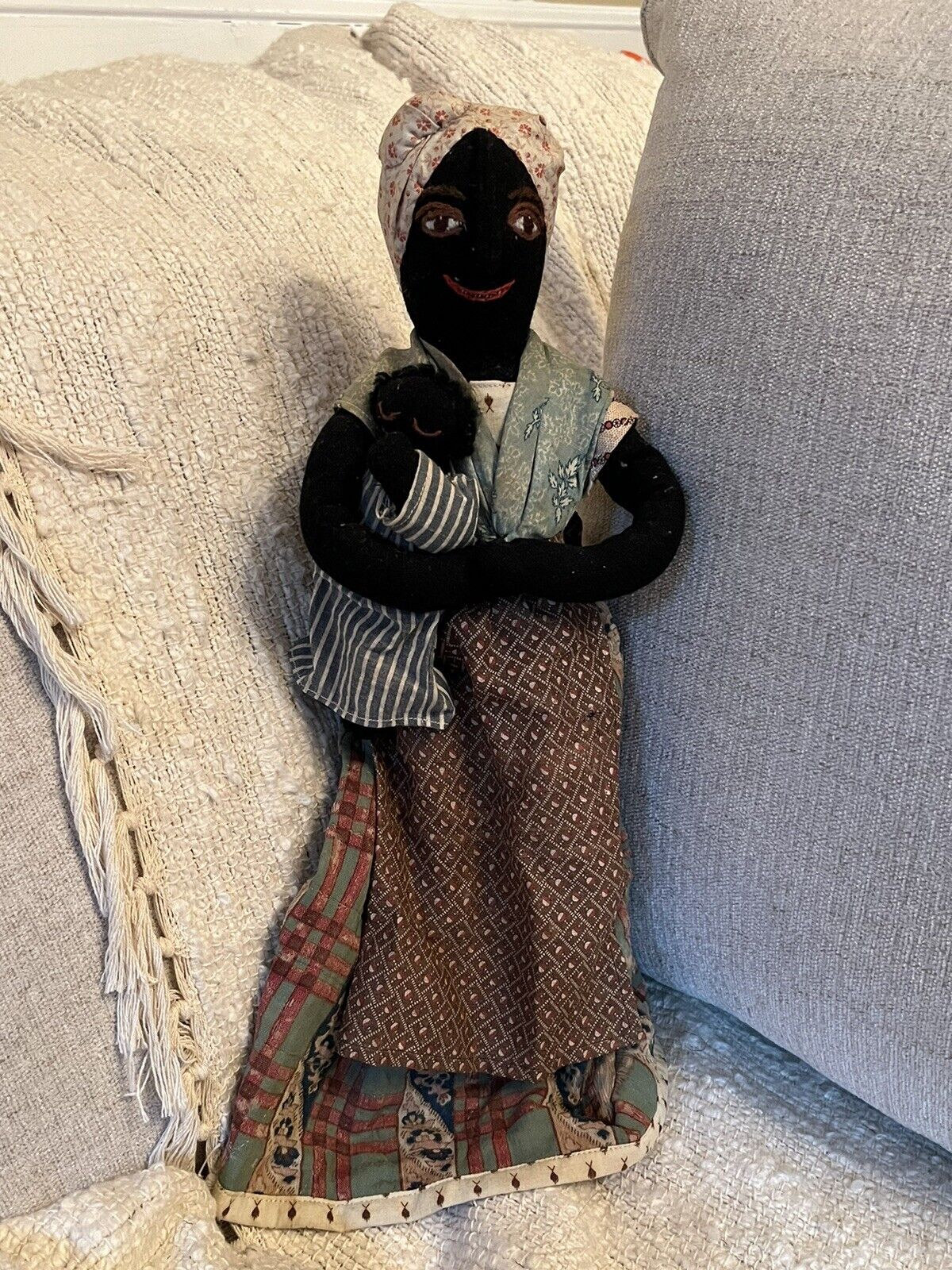 Antique Early 1900s Primitive Folk Art Handmade 17” Black Rag Doll W Baby
