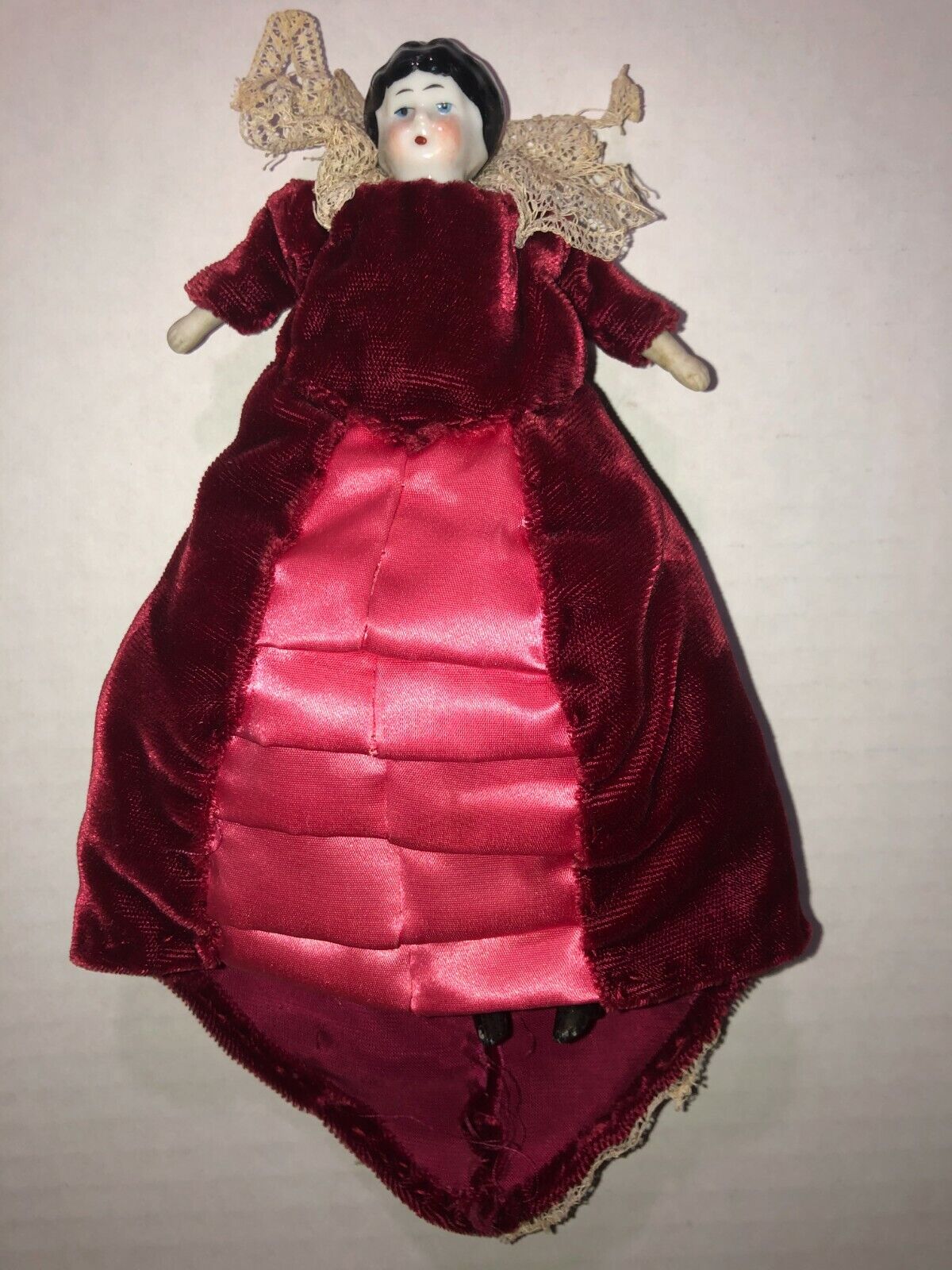 ANTIQUE Dollhouse Doll Ca 1800s china-head 7 in cranberry red velvet, lace gown