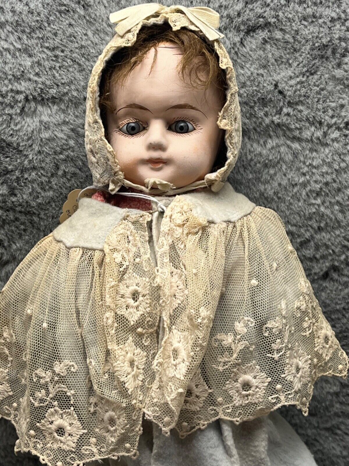 German Papier Mache Antique Doll Glass Eyes Orig Wig Straw Filled Body Pre 1900s