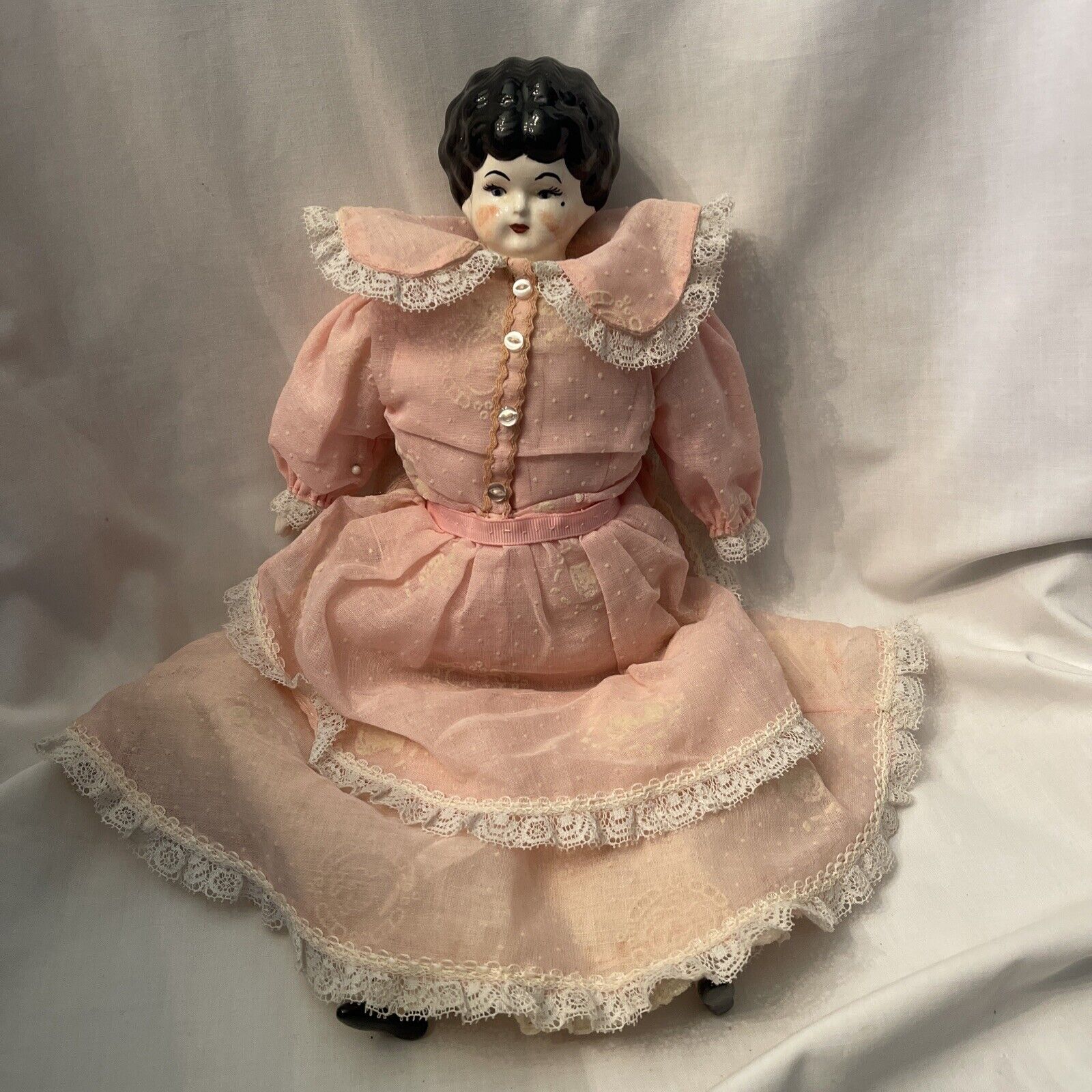 13” Vintage Porcelain 1800's China Doll w/ Original Cloth Body & Clothes