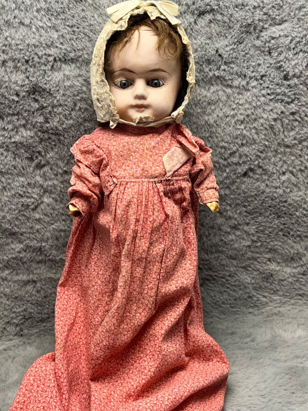 German Papier Mache Antique Doll Glass Eyes Orig Wig Straw Filled Body Pre 1900s