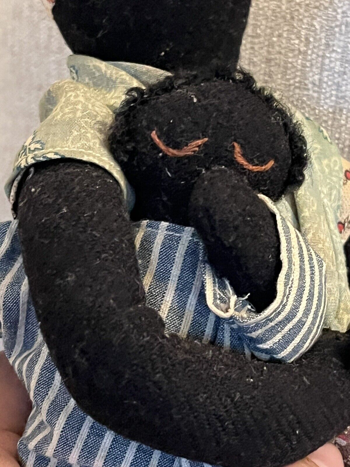 Antique Early 1900s Primitive Folk Art Handmade 17” Black Rag Doll W Baby