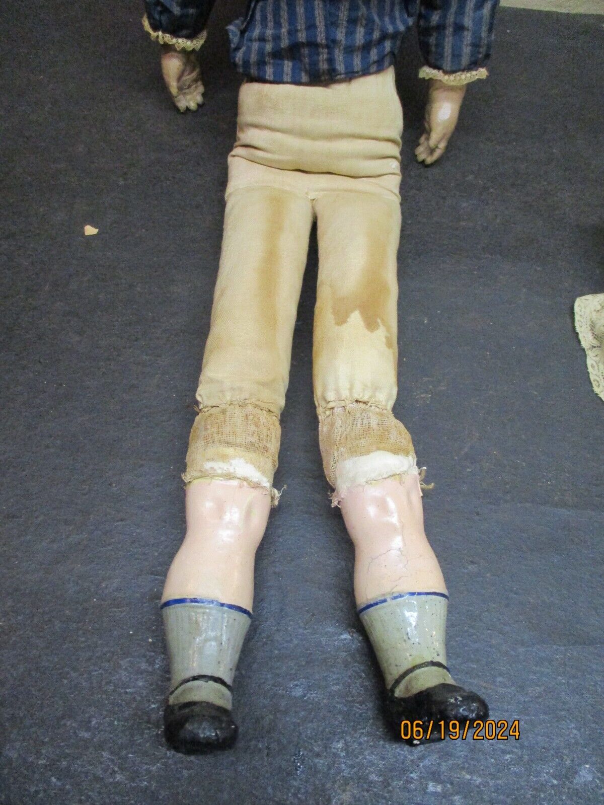 Antique 26" Paper Mache Shoulder Head Doll W/ Blue Glass Eyes Original Clothes