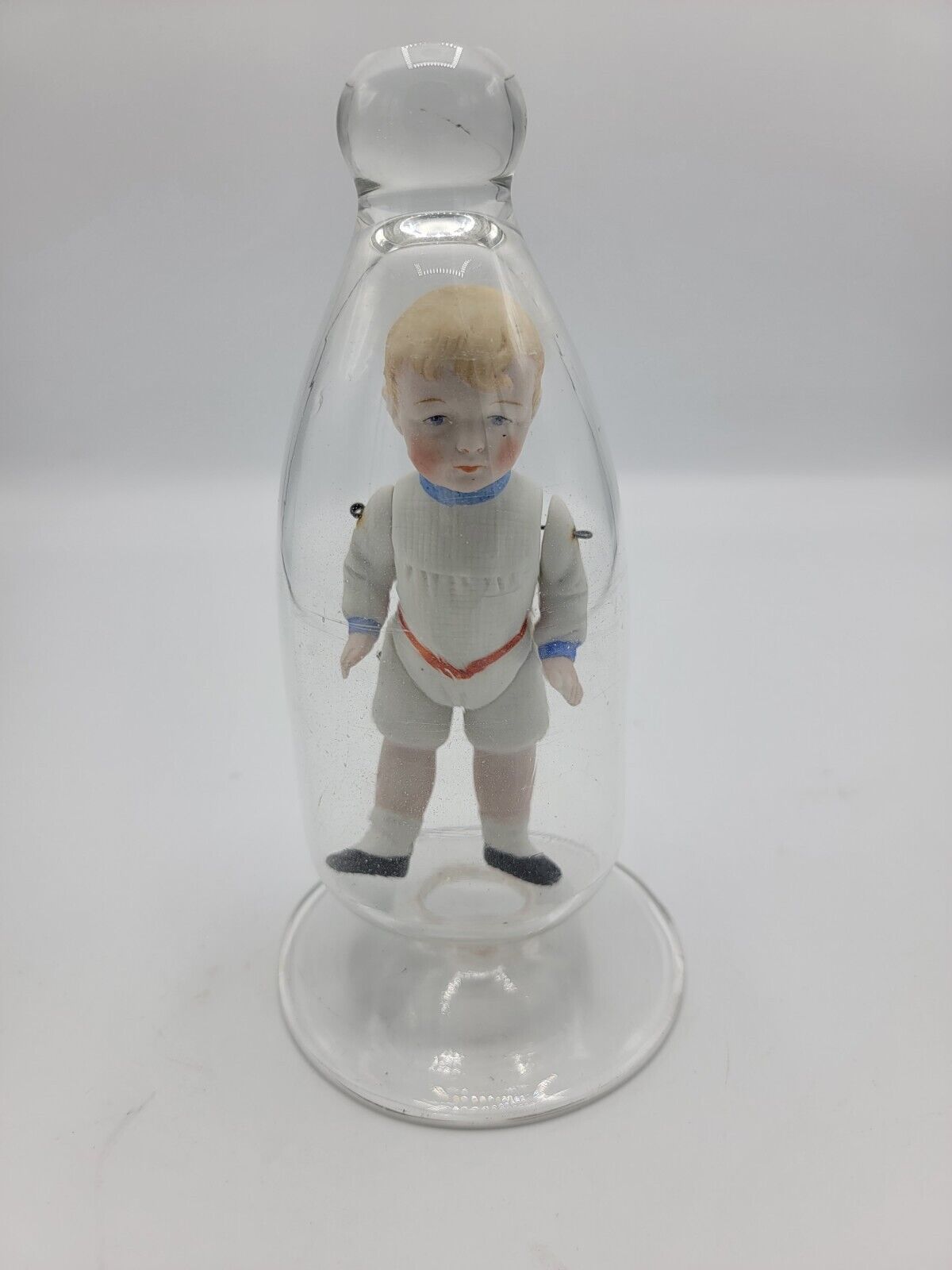 1800s Boy Bisque 5 In Doll In Handblown Glass Bottle Bell