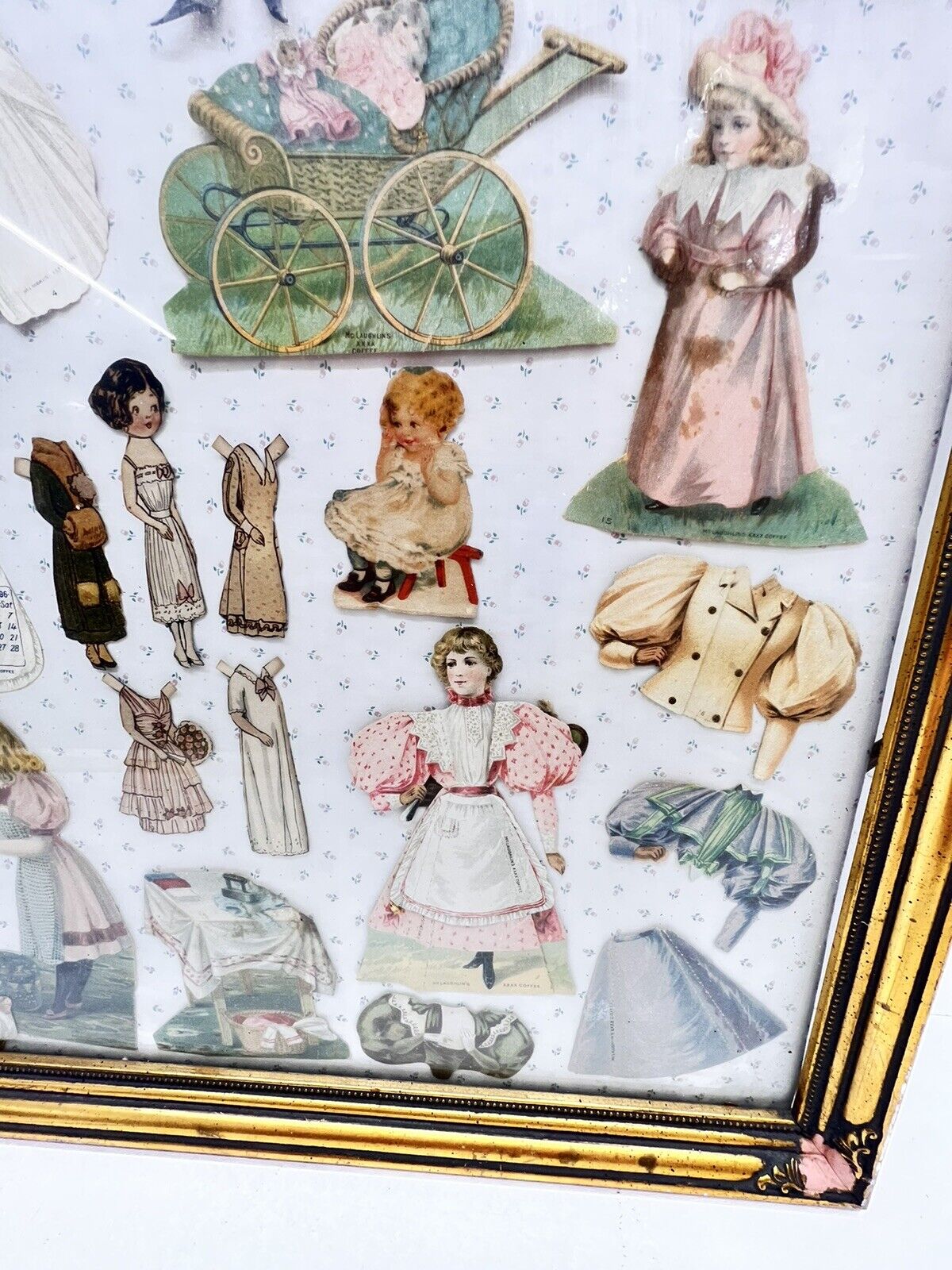 Antique 1800s Advertising Paper Dolls Framed Lot Mclaughlins And Lion Coffee Etc