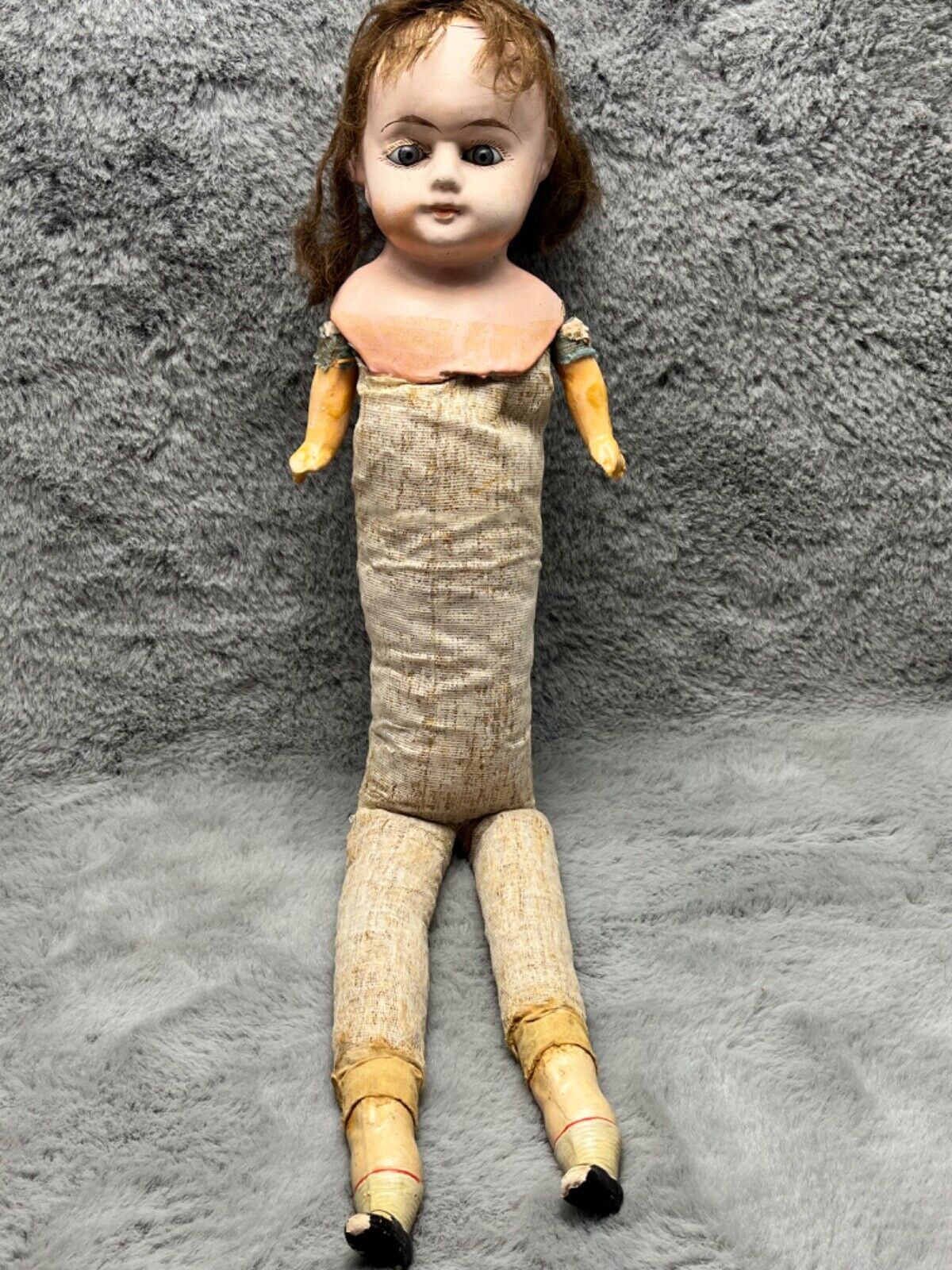 German Papier Mache Antique Doll Glass Eyes Orig Wig Straw Filled Body Pre 1900s