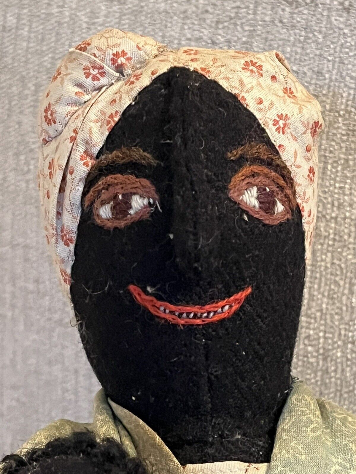 Antique Early 1900s Primitive Folk Art Handmade 17” Black Rag Doll W Baby