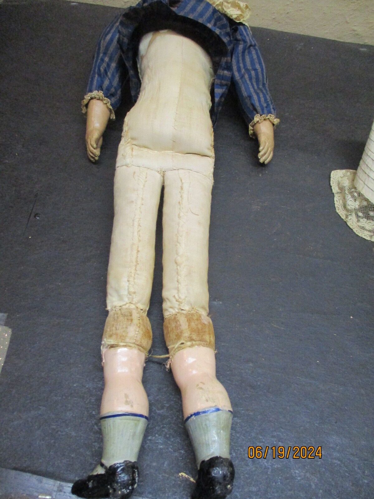 Antique 26" Paper Mache Shoulder Head Doll W/ Blue Glass Eyes Original Clothes