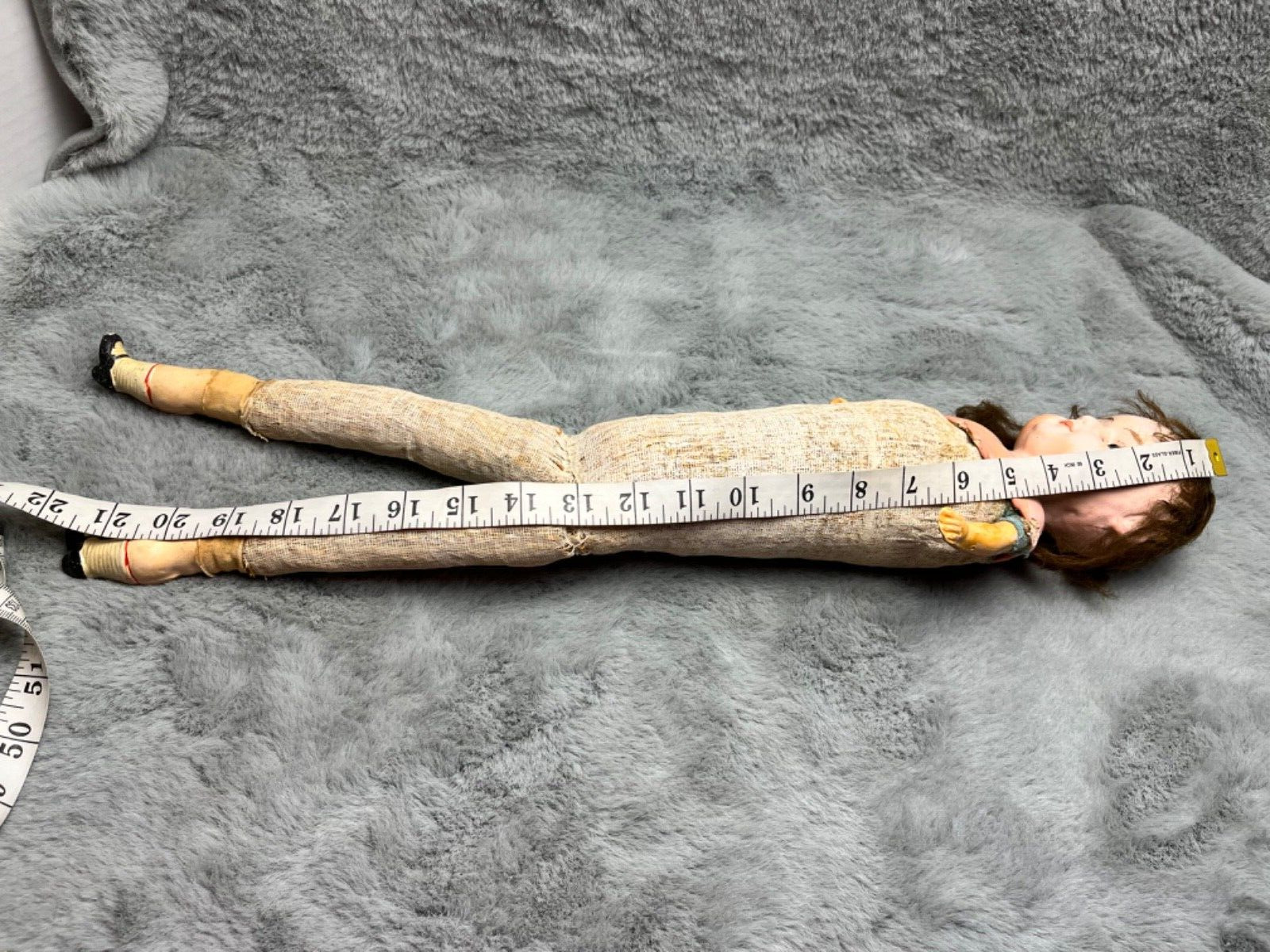 German Papier Mache Antique Doll Glass Eyes Orig Wig Straw Filled Body Pre 1900s
