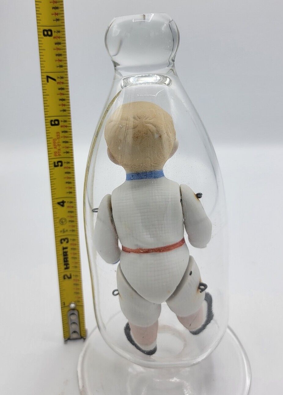 1800s Boy Bisque 5 In Doll In Handblown Glass Bottle Bell