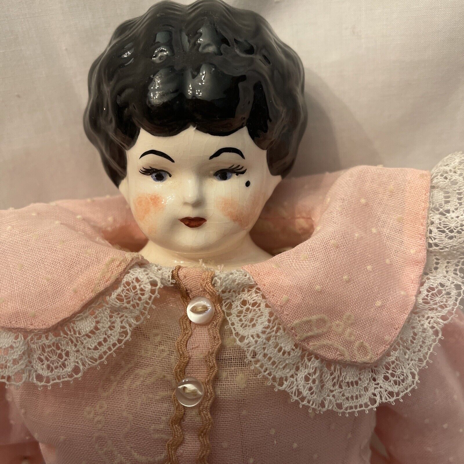 13” Vintage Porcelain 1800's China Doll w/ Original Cloth Body & Clothes