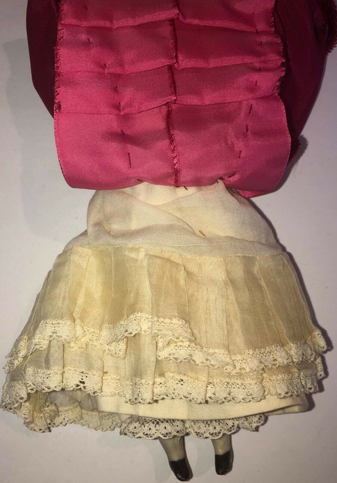 ANTIQUE Dollhouse Doll Ca 1800s china-head 7 in cranberry red velvet, lace gown