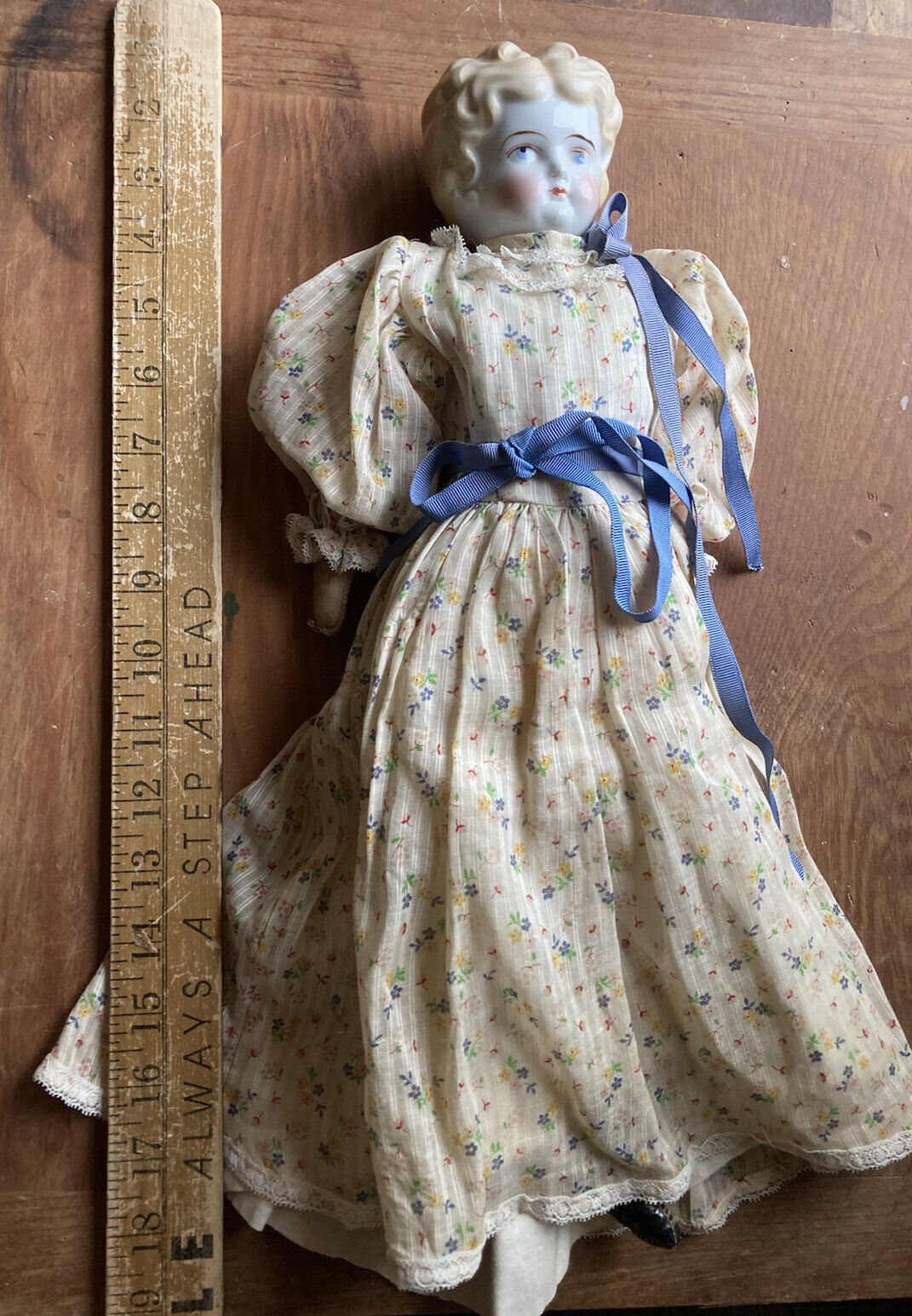 Antique 1800s 18" China Head Doll Flat top High brow Cloth Body Germany?