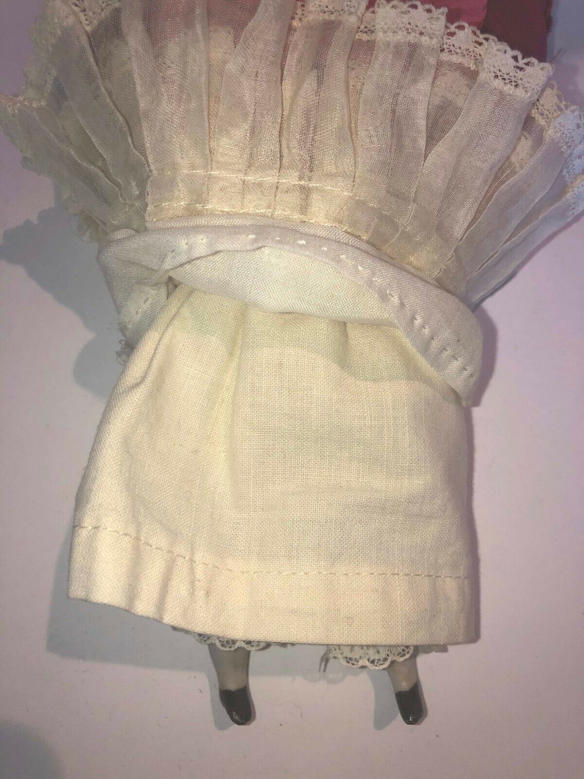 ANTIQUE Dollhouse Doll Ca 1800s china-head 7 in cranberry red velvet, lace gown