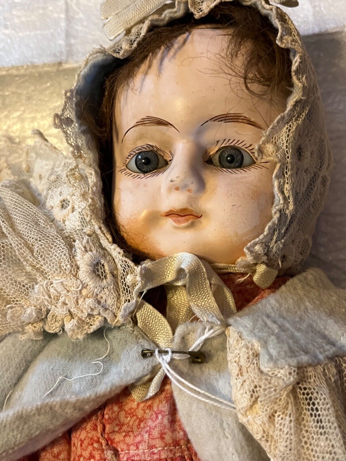 German Papier Mache Antique Doll Glass Eyes Orig Wig Straw Filled Body Pre 1900s