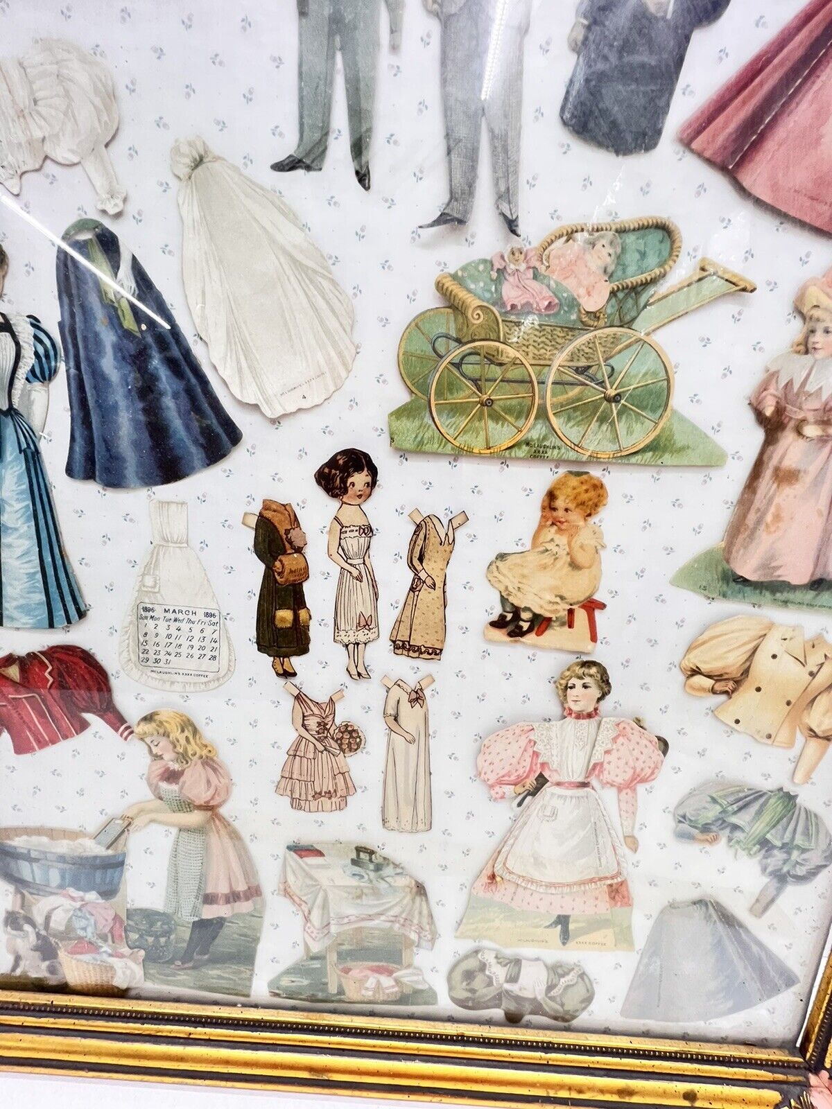 Antique 1800s Advertising Paper Dolls Framed Lot Mclaughlins And Lion Coffee Etc
