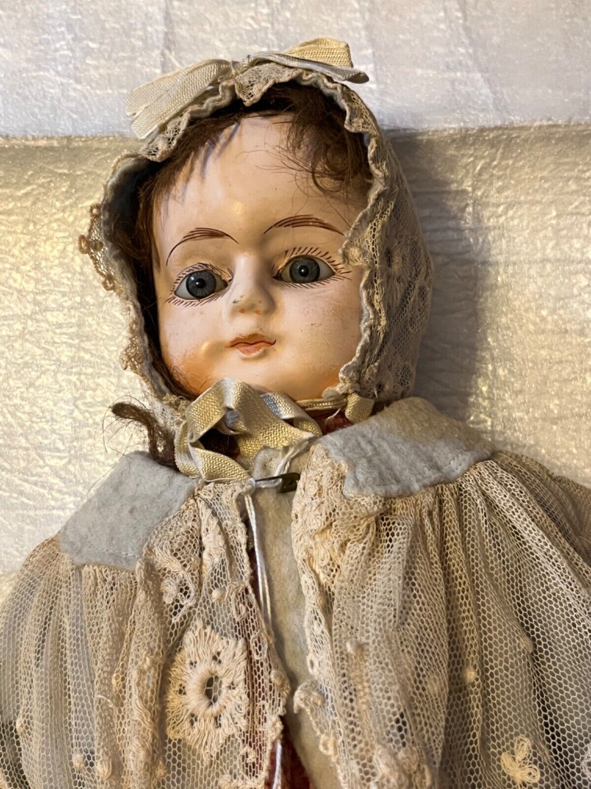 German Papier Mache Antique Doll Glass Eyes Orig Wig Straw Filled Body Pre 1900s
