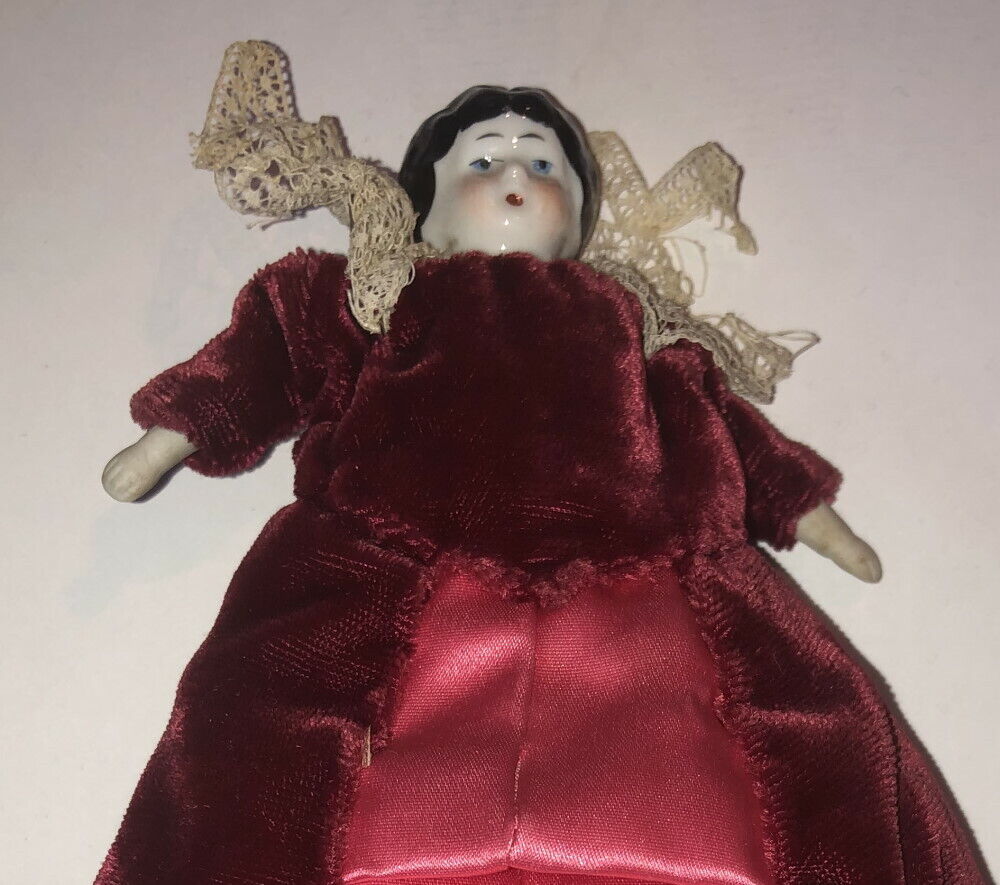 ANTIQUE Dollhouse Doll Ca 1800s china-head 7 in cranberry red velvet, lace gown