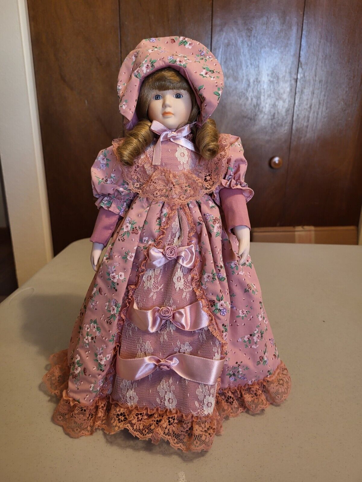 ANCO Porcelain Doll ~ Mauve & Rose Pink dress 15” ~ 1800s American style