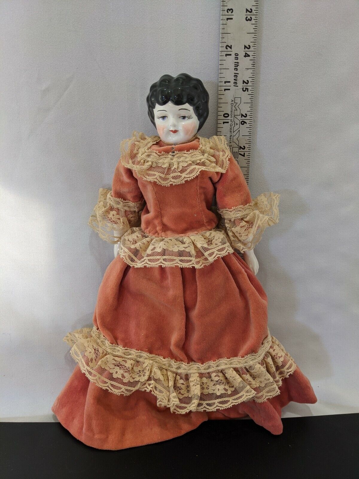 11.5" Vintage Porcelain 1800's China Doll w/ Original Cloth Body & Clothes 