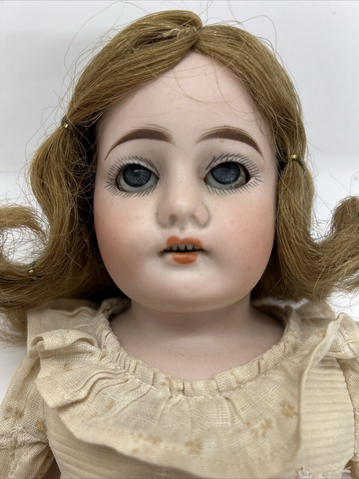 Ernst Huebach Bisque Doll Leather & Cloth Body 16” Sleep Eyes Open Mouth Teeth